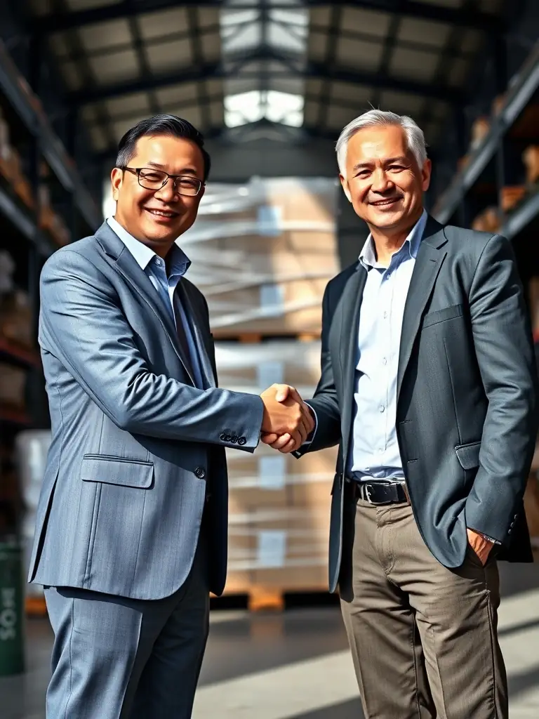 A professional handshake between a GERCY TECHNOLOGY CO., LTD representative and a satisfied client in front of a shipment of goods, symbolizing a successful partnership.