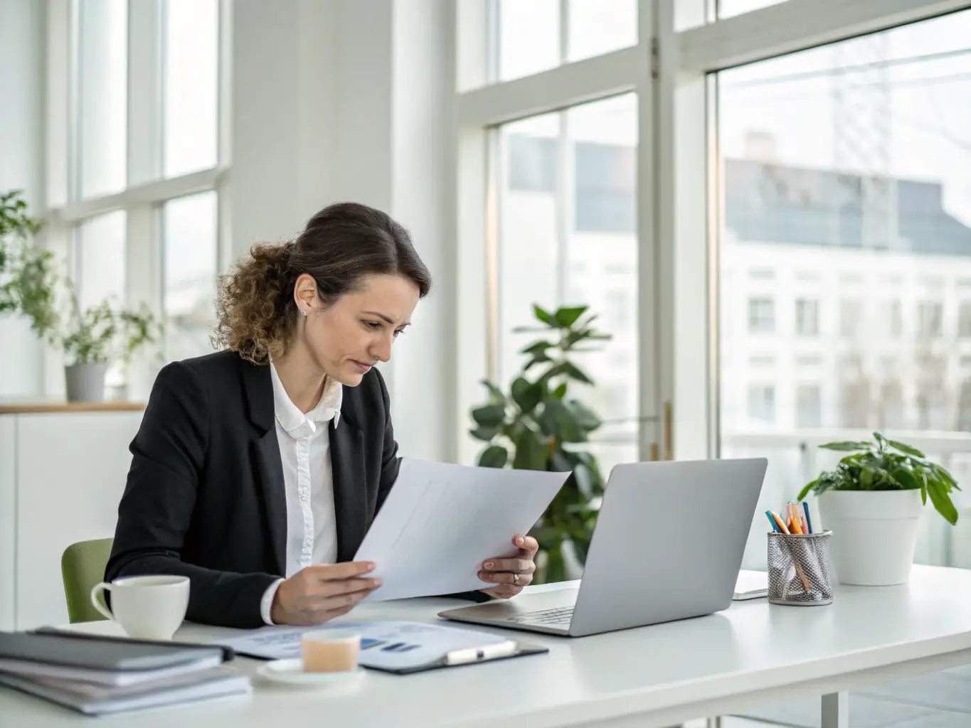 A photograph of a compliance officer reviewing documents and comparing them against a product sample in a well-lit office setting.