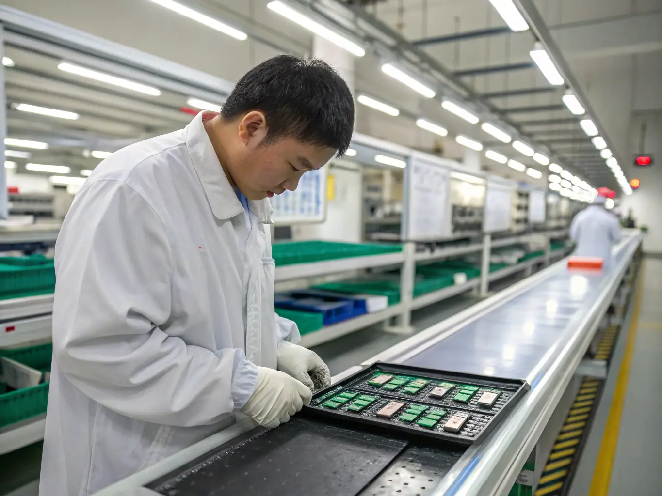 A detailed close-up shot of a quality control inspector examining a product on a factory assembly line in China, focusing on the inspector's hands and the product's details.