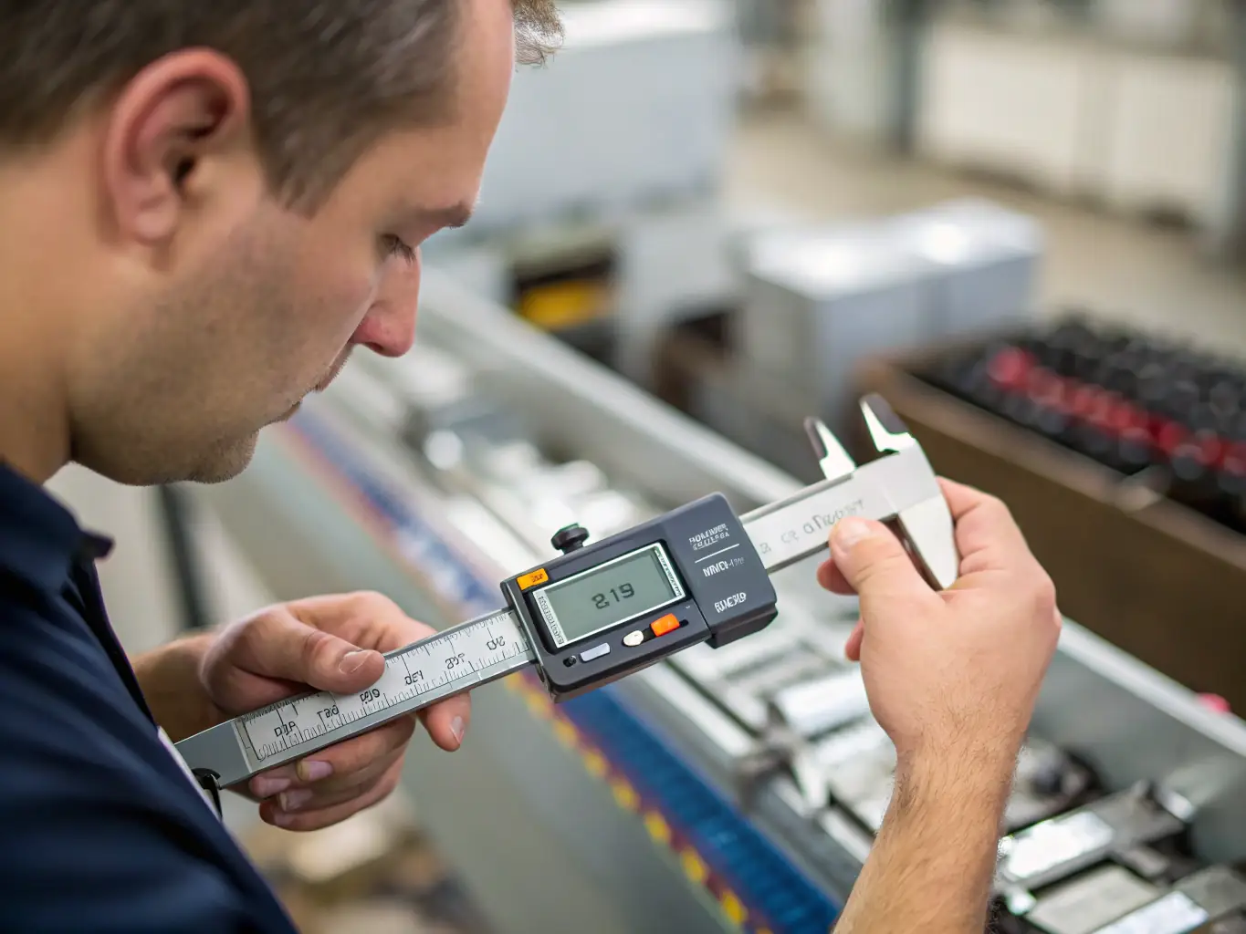 A photograph showcasing a GERCY inspector using a calibrated measuring instrument to check the dimensions of a manufactured product in a Chinese factory. The background shows other products and factory workers, emphasizing the real-world inspection environment.
