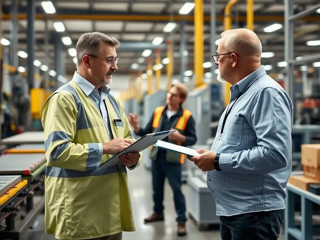 A visual representation of a supplier audit, showing an auditor reviewing a supplier's facilities and processes, with a focus on cleanliness and organization.