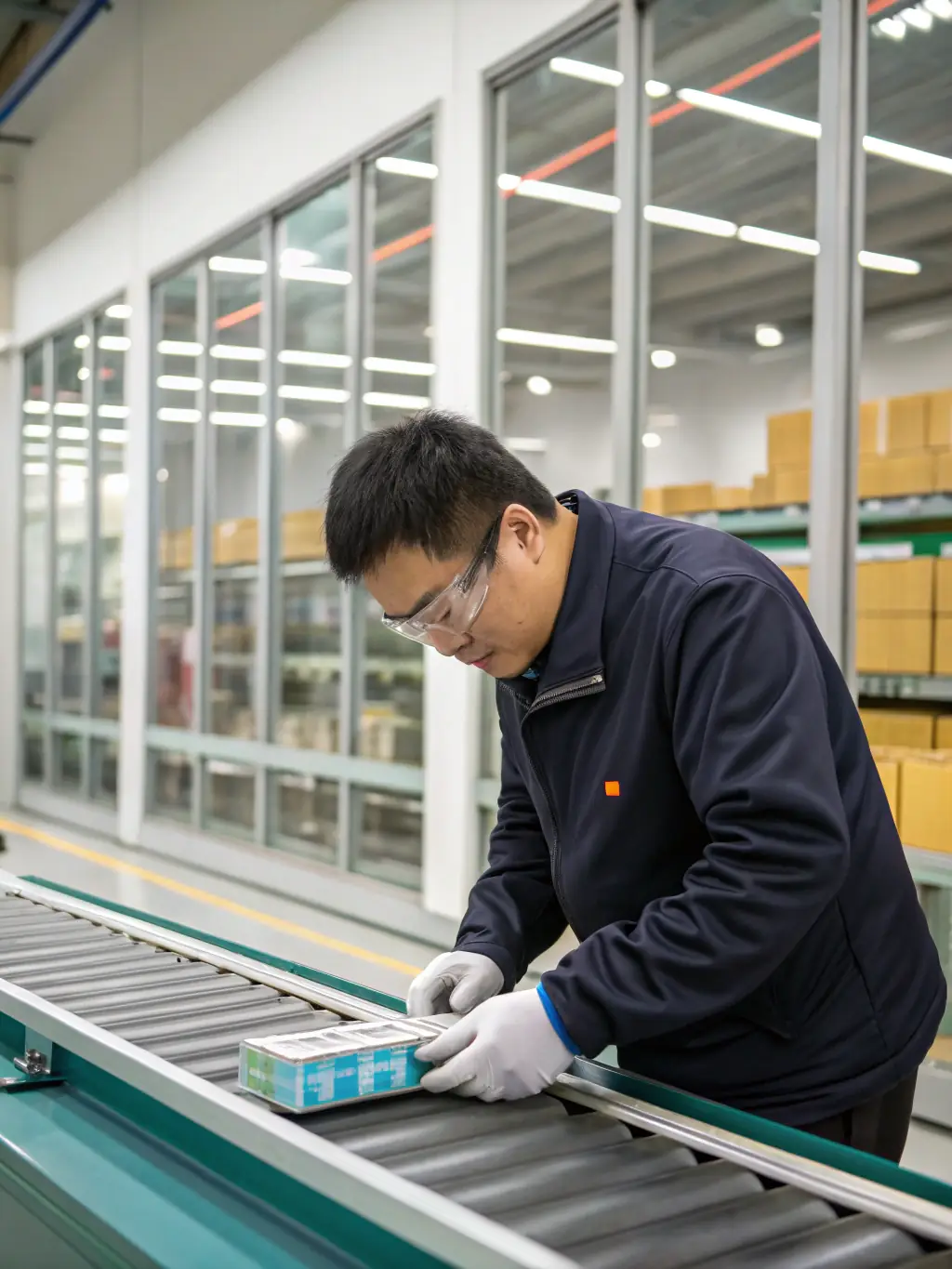A close-up shot of a quality control inspector examining a product on a factory assembly line in China, ensuring it meets GERCY TECHNOLOGY CO., LTD's high standards.